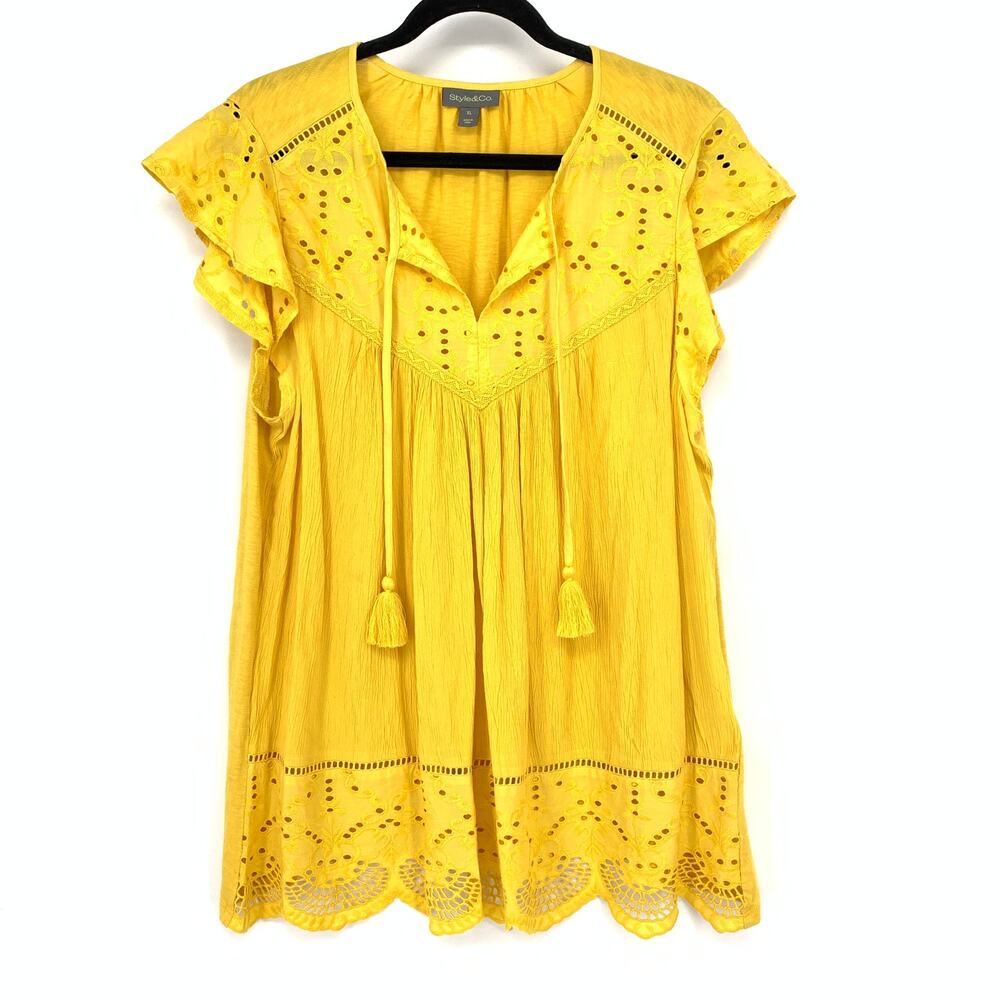 Style & Co Boho Blouse Womens Size XL Yellow Eyelet Detail Tassel Tie Neck